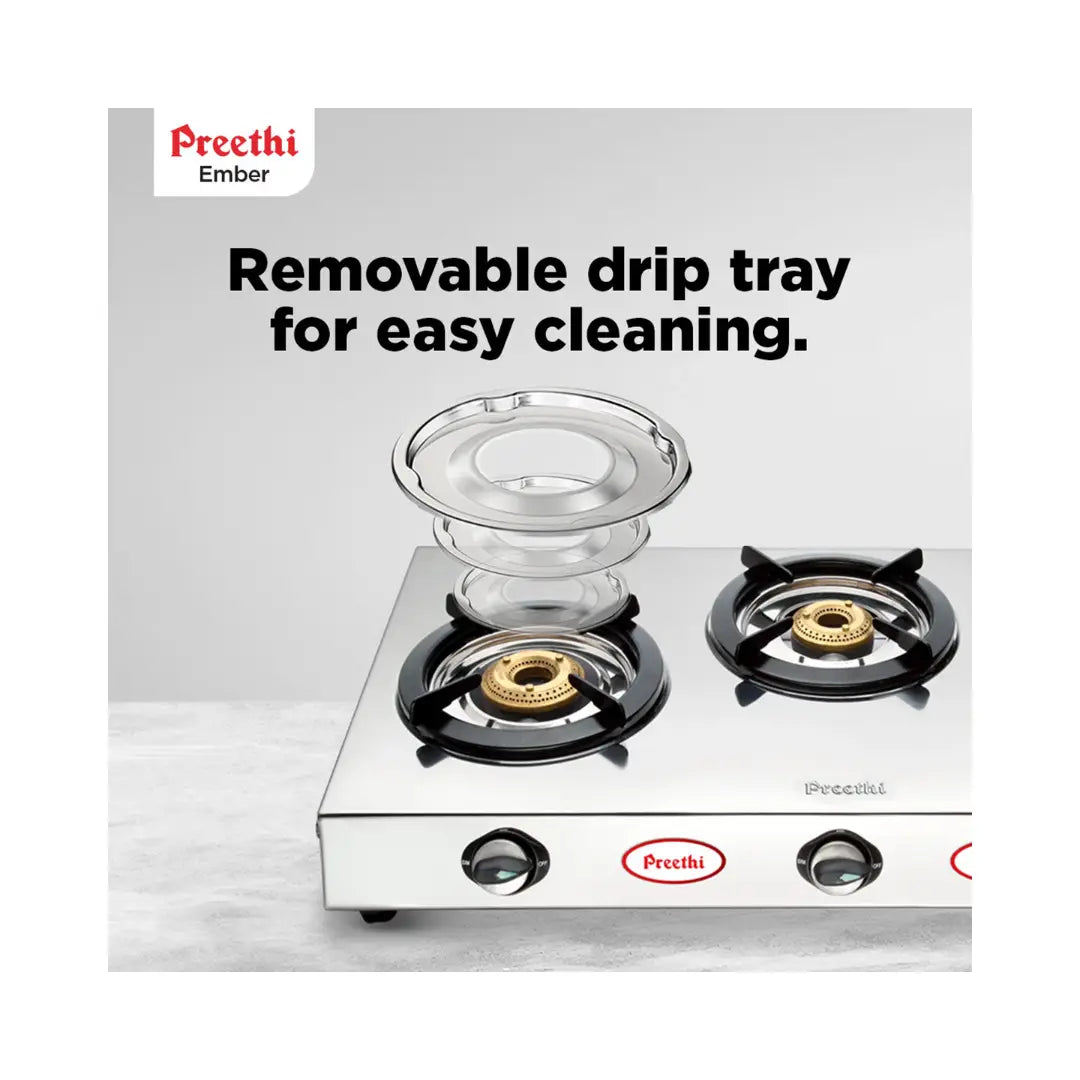 Preethi Ember Stainless Steel 3-Burner Gas Stove | Heavy Duty Brass Burners | Lighter Holder | Heavy Metal Frame Body