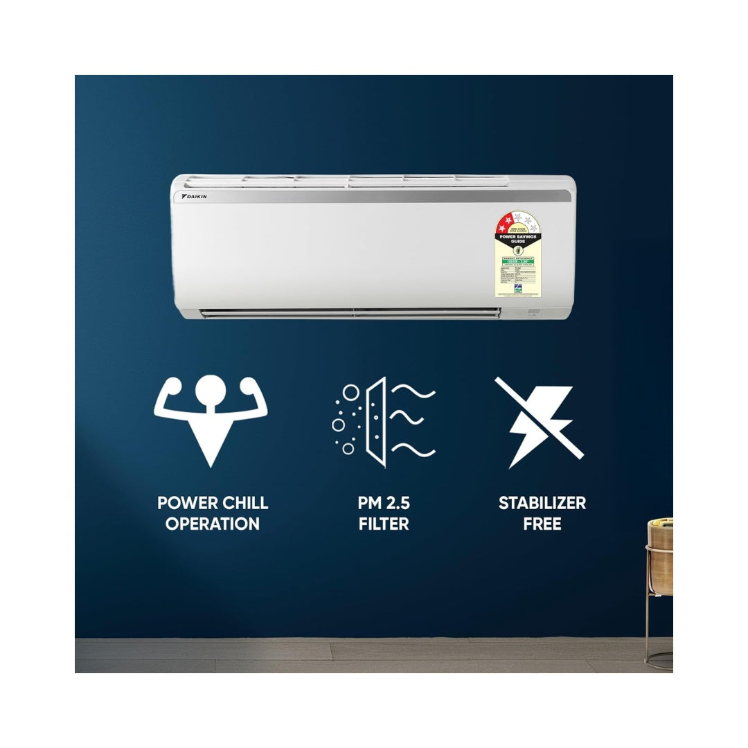 Daikin 1.5 Ton 2 Star, Fixed Speed Non-Inverters Split AC | Power Chill & Power Airflow Dual Flaps | DNNS Self Heal & Self Diagnosis | Energy-Efficient Performance