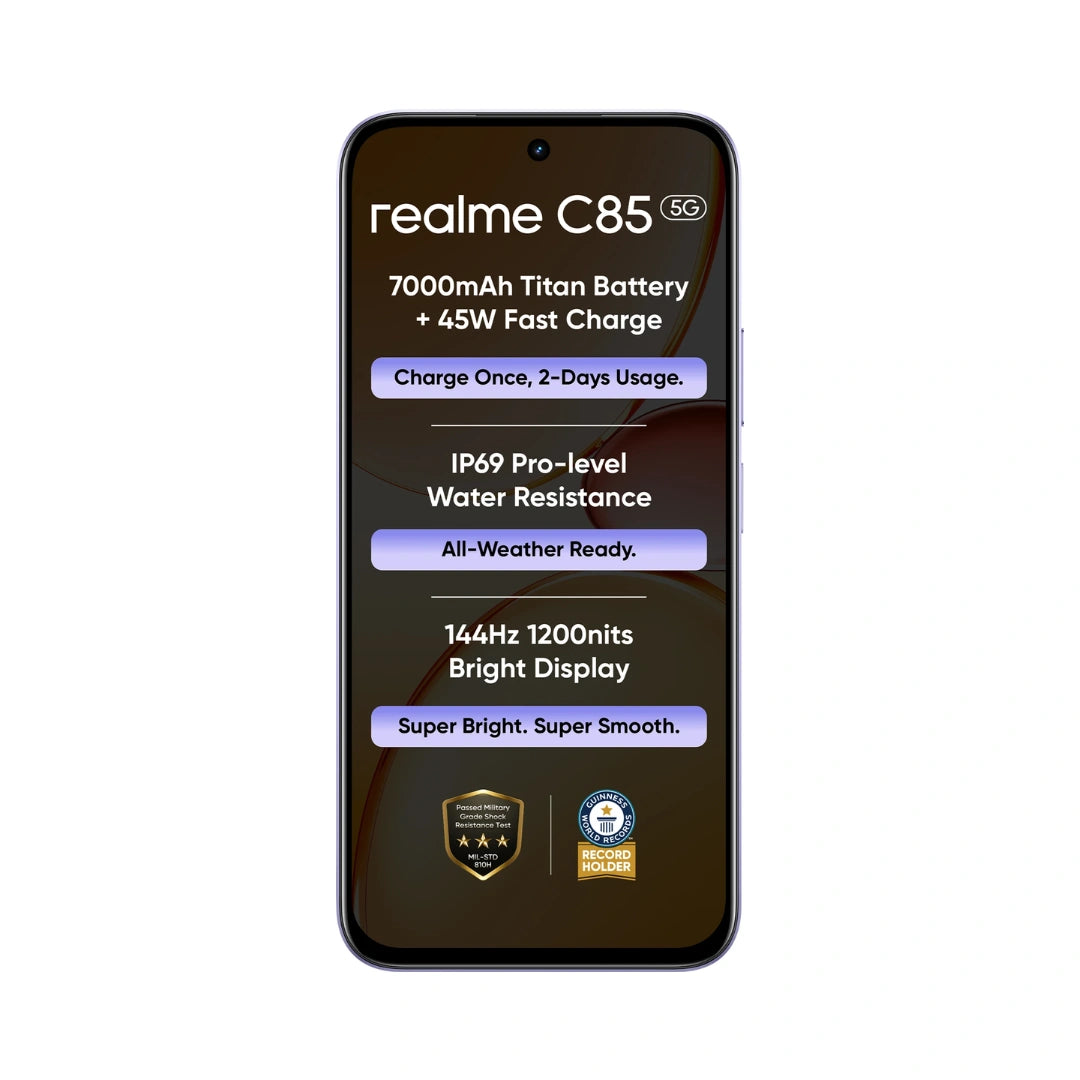 Realme C85 5G | 6.8 inches Display | Mediatek Dimensity 6300 | 50MP Rear Camera | 8MP Front Camera |  7000 mAh Battery