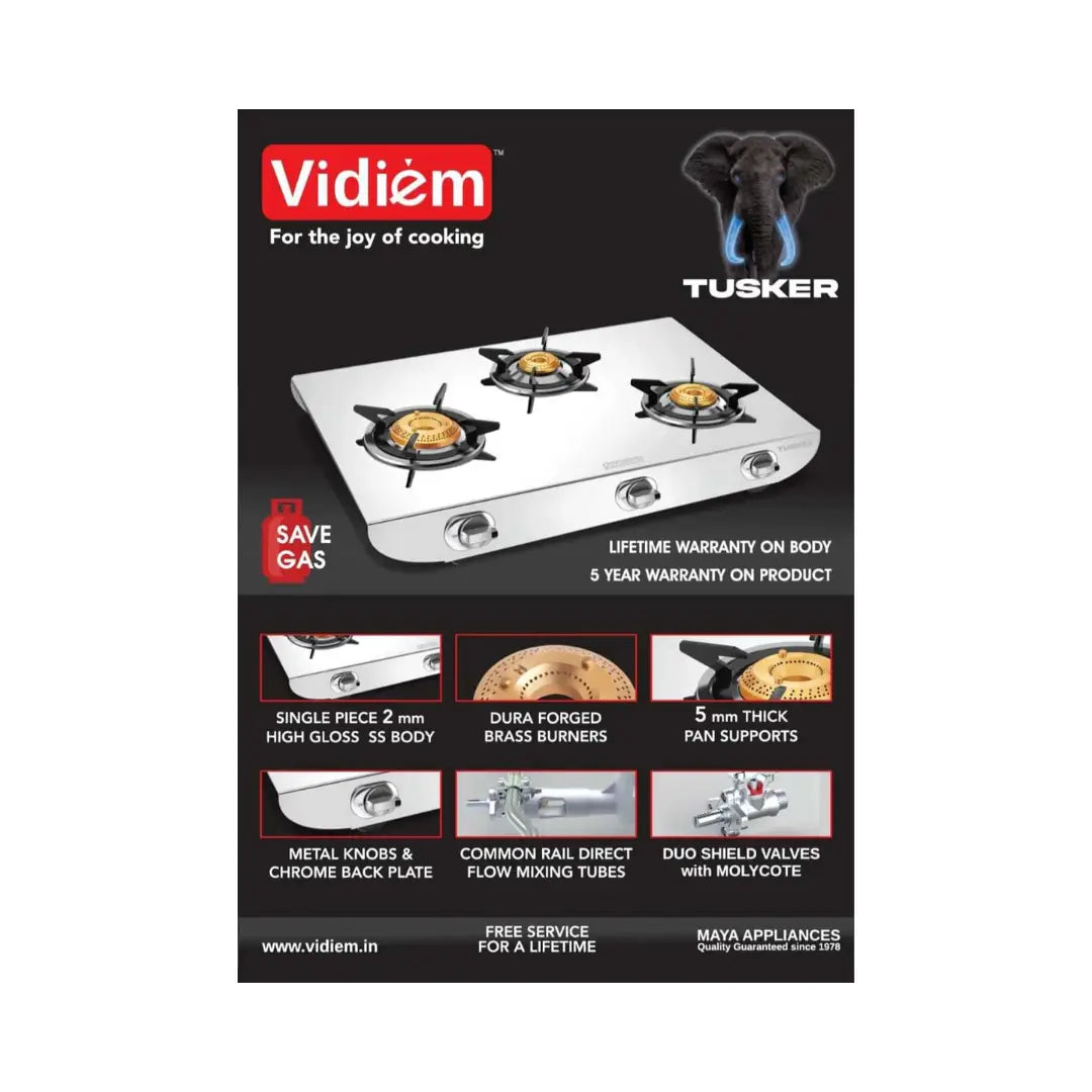 Vidiem 3B Stainless Steel Tusker Gas Stove | Dura Forged Brass Burners | Heavy Duty Brass Burners | Widely Spaced Burners | Extra Large Cooking Surface