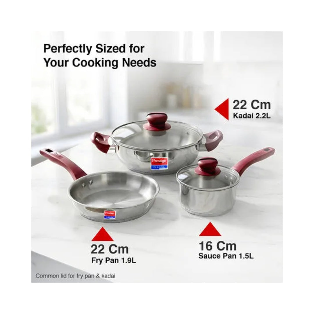 Prestige Platina Popular Stainless Steel 3PCS BYK Set Cookware | Toughened glass lid | Stainless Steel Cookware range |  Soft touch heat resistant Red handles | Unique Forged Bottom ensures faster and even cooking