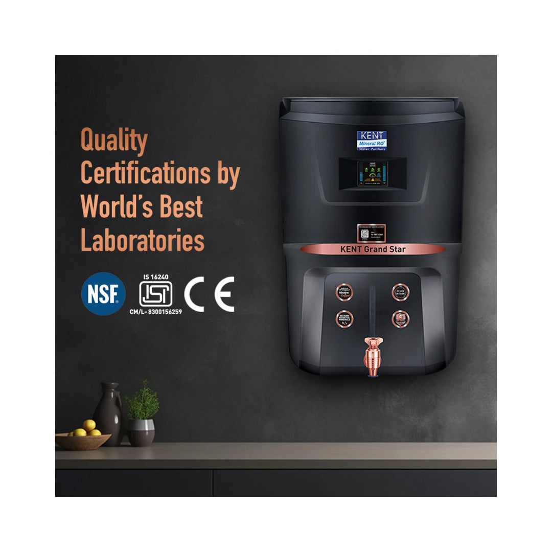 KENT Grand Star Water Purifier 9L Tank |  Purification Process: RO, UV, UF, Alkaline, TDS Control | Filtration Capacity: 20L/hr | Multiple Purification Process, Inline UV, Auto Flush