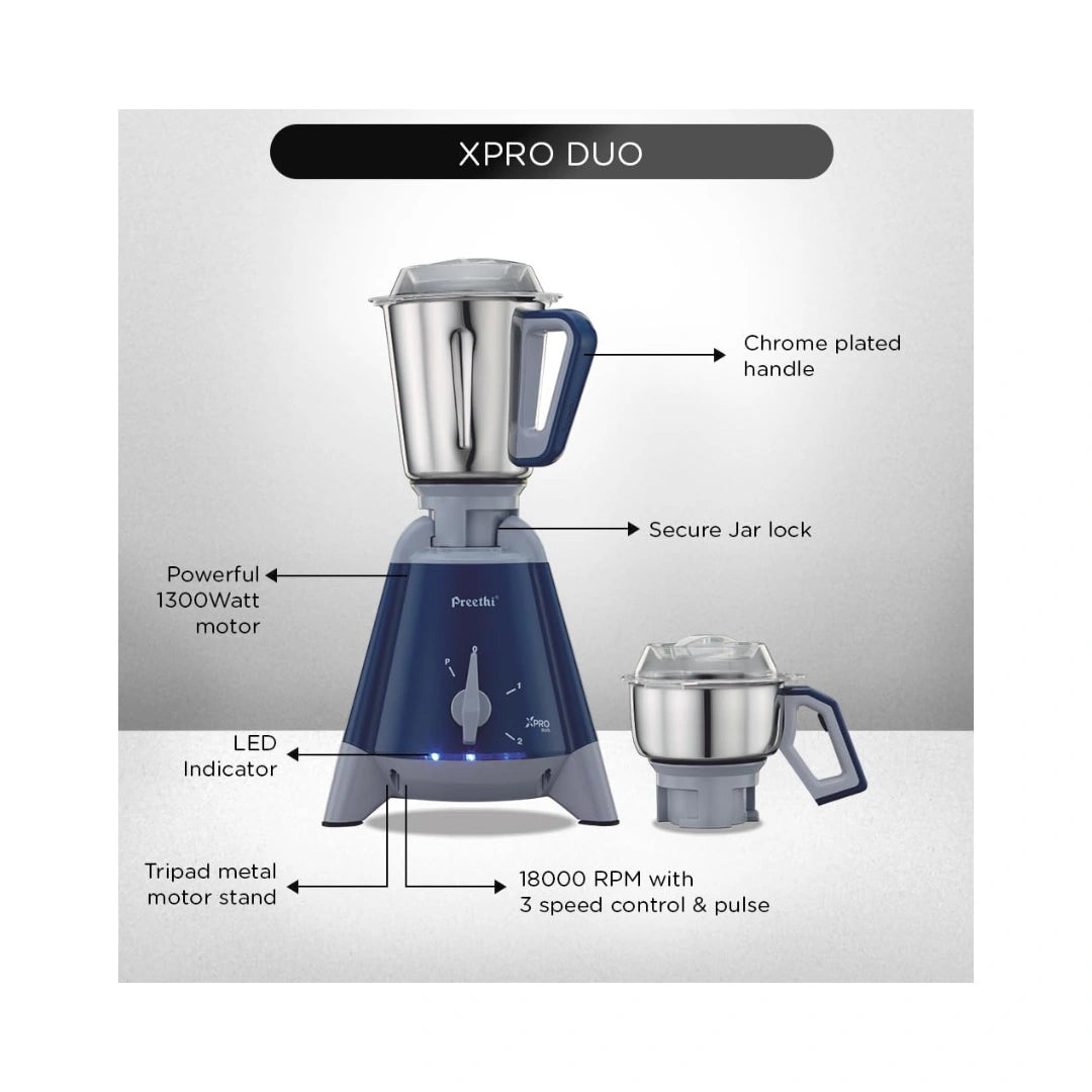 Preethi Xpro Duo MG 198 Mixer Grinder, 1300W | A.B.S Body Material | Rotary Switch with 3 Speed and Pulse