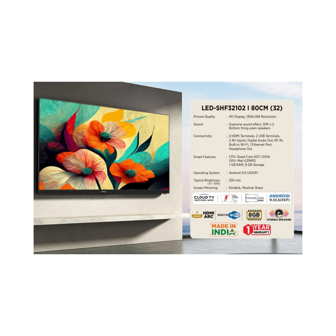 INTEX 32 inch SHF32102 LED TV | HD Display with 1366 x768 Resolution | Smart Remote for Smart Control | 16.7Million Colours in Vivid Hues | Immersive Sound Experience