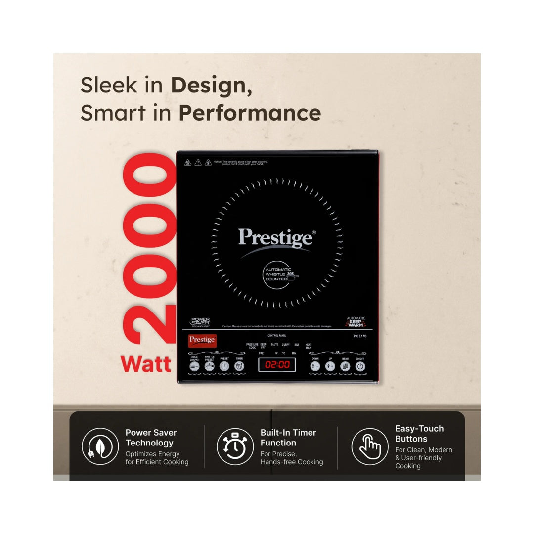 Prestige PIC 3.1 v3 Induction | 2000 Watts Power |  Slim Bodu Elegant Design | Indian Menu Options | Automatic Voltage Regulator | Anti-Magnetic Wall | Automatic Whistle Count