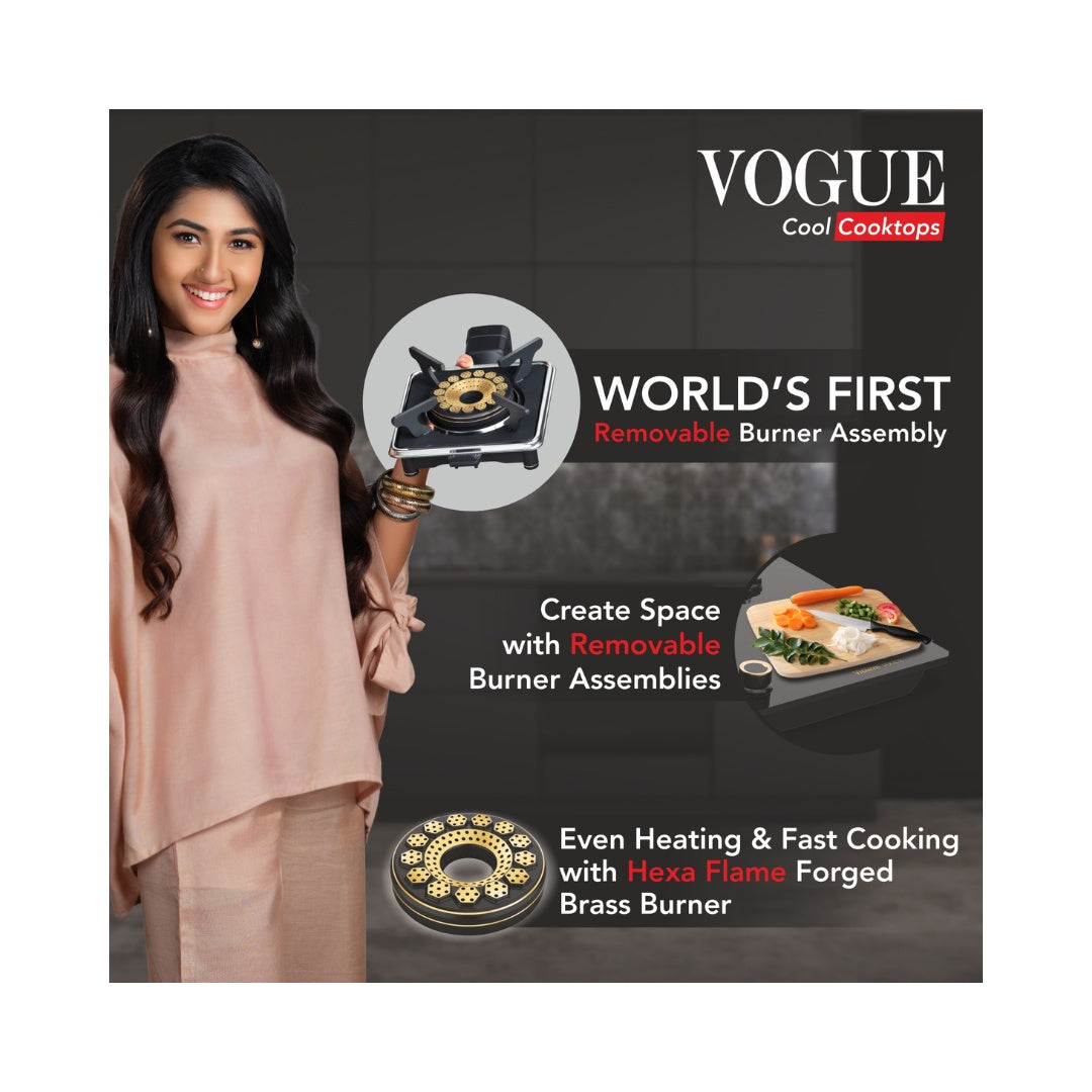 VIDIEM VOGUE 4B HOB Gas Cooktop | World's First Fully Removable Burner Assembly| 10MM Toughened Glass | Hexa Flame Forged Brass Burners | Manual Ignition