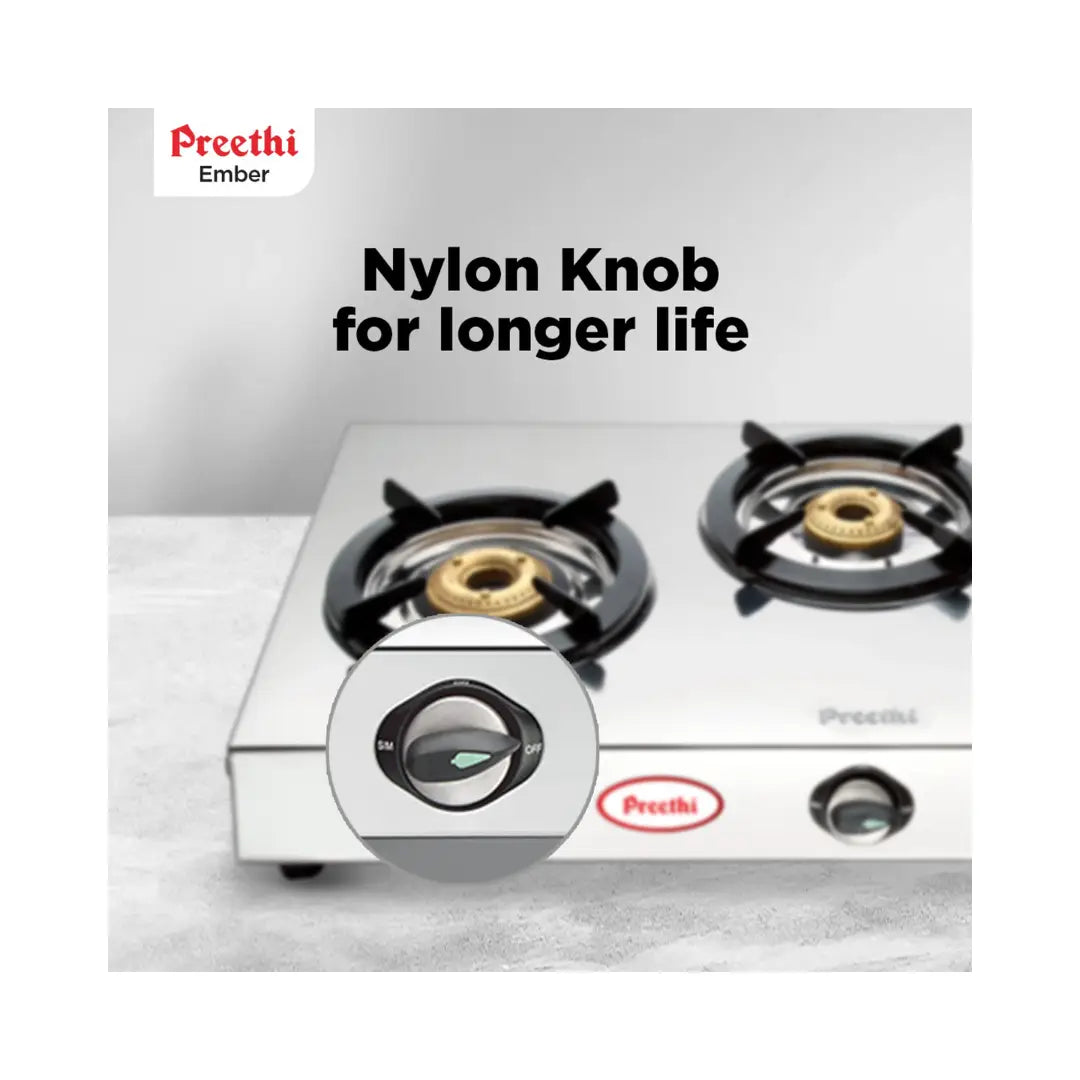 Preethi Ember Stainless Steel 3-Burner Gas Stove | Heavy Duty Brass Burners | Lighter Holder | Heavy Metal Frame Body