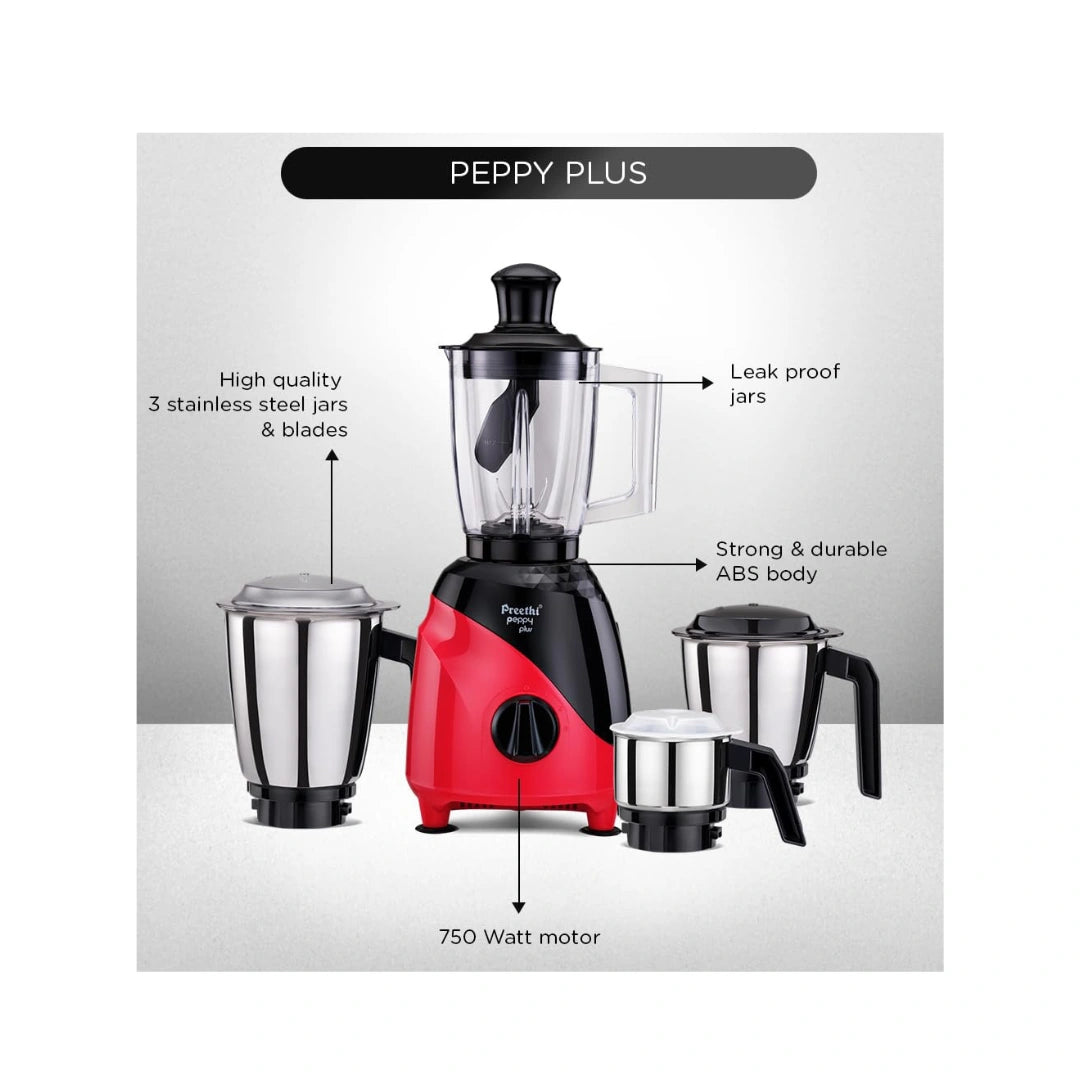 Preethi Peppy Plus MG-246 Mixer Grinder, 750 watt, Red-Black | Motor Cooling booster technology