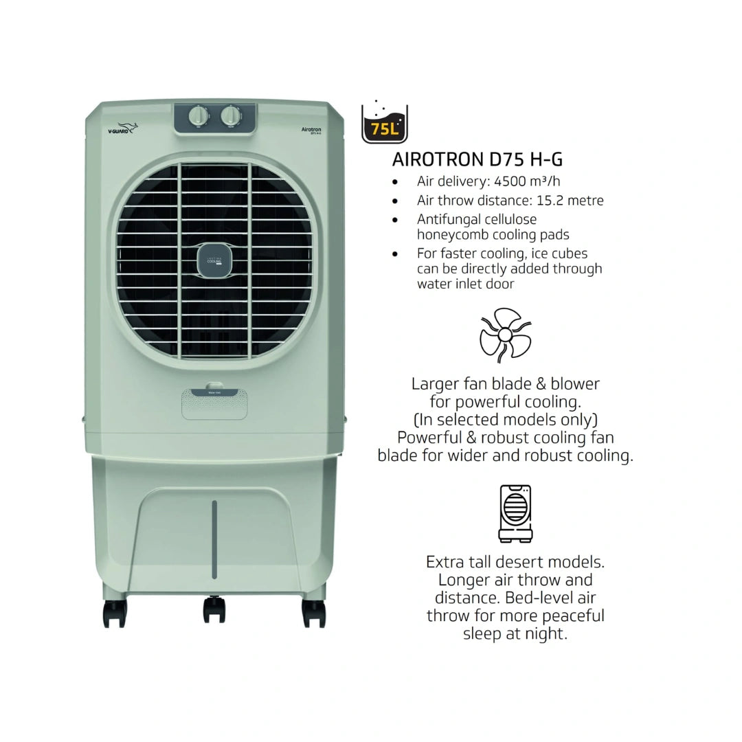 V-Guard Air Cooler AIROTRON D 75 H-G 75 Litre | Powerful Cooling | Convenient Controls | Extra Tall Design |