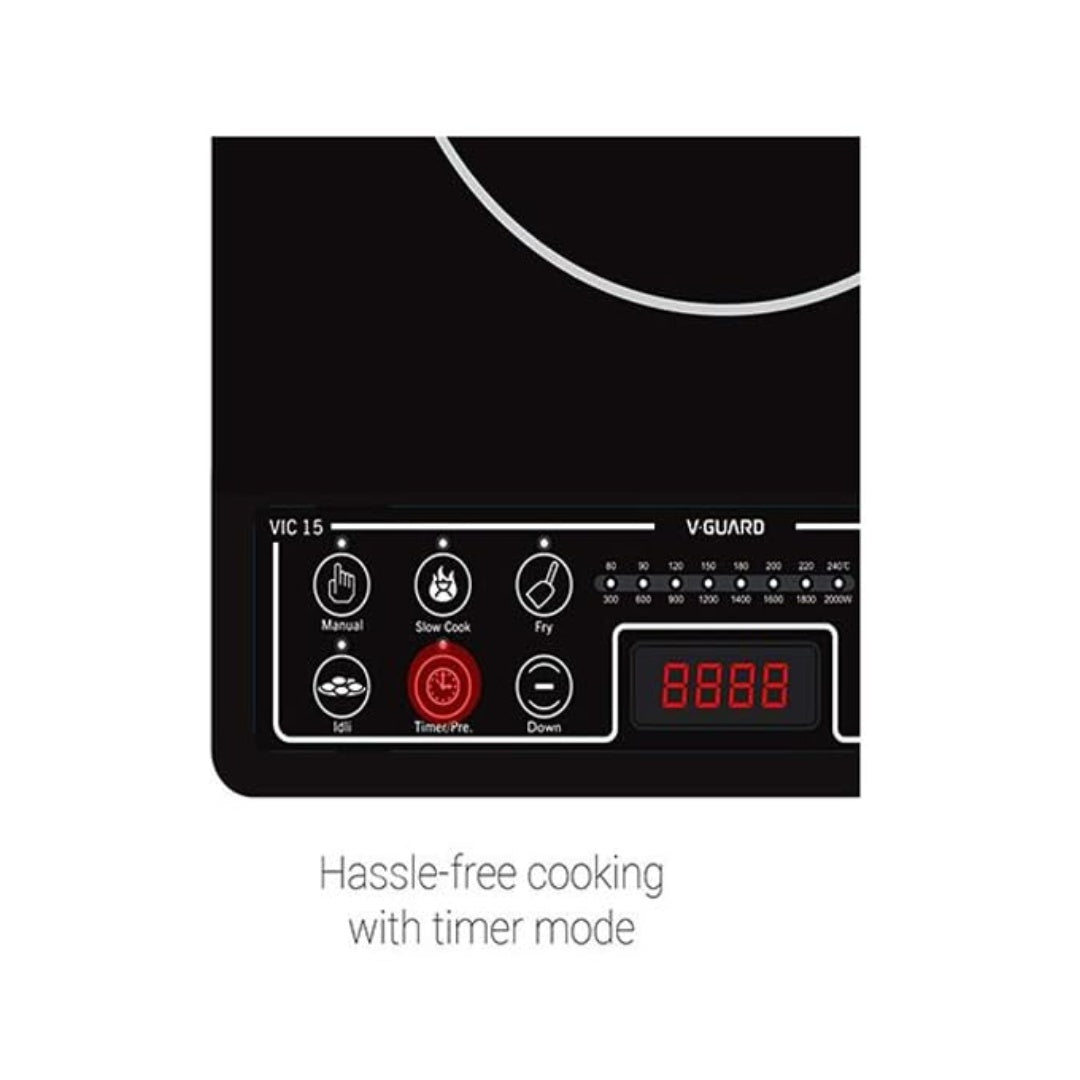V-Guard Induction | Rapid and energy-efficient heating | Feather Touch Controls | 8 Preset Cooking Modes | High/Low Voltage Protection