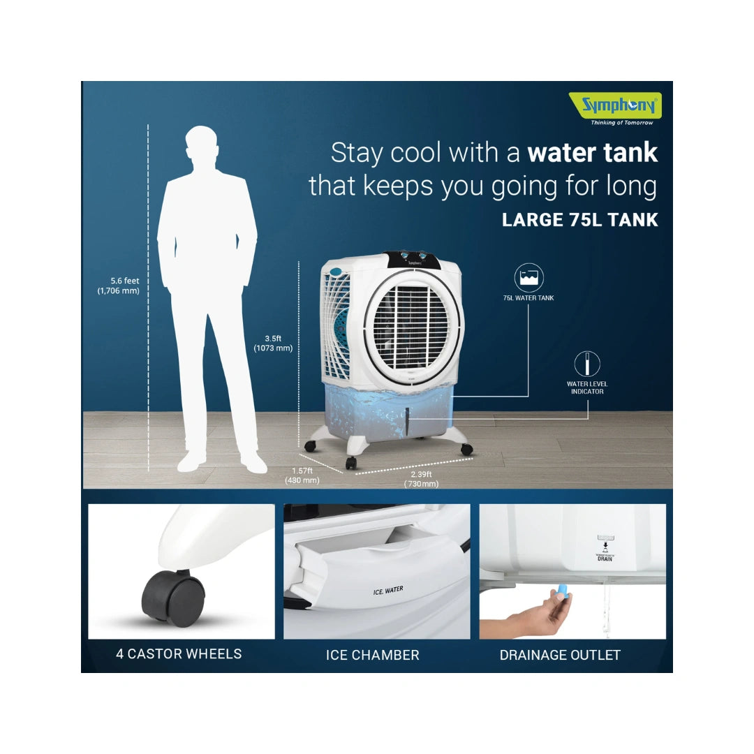 Symphony Desert Air Cooler For Home | Honeycomb Pads | Powerful +Air Fan | i-Pure Console | Low Power Consumption