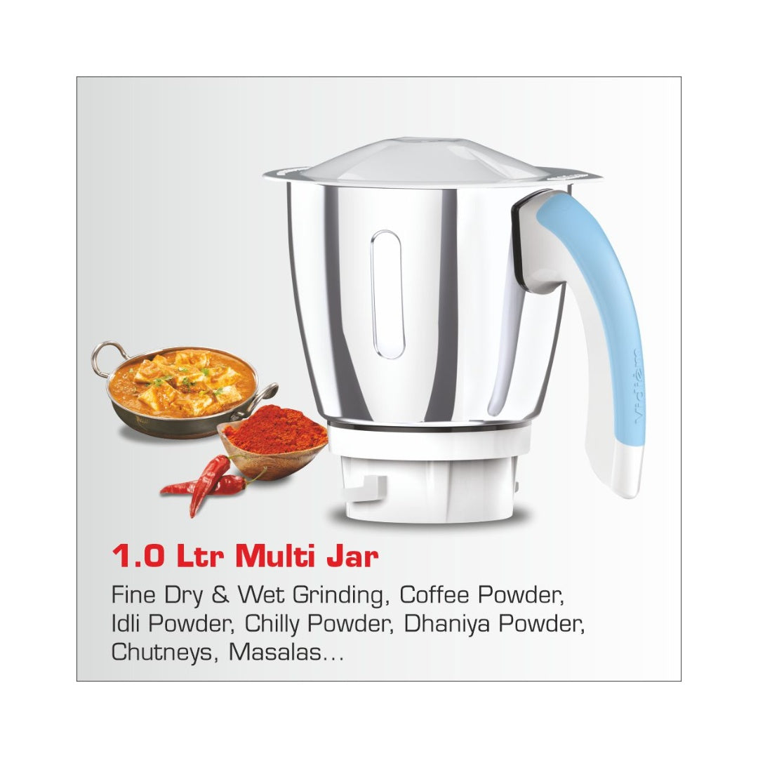 Vidiem Eva Super Blu 750W Mixer Grinder | Balanced Vortex Flow SS 304 Blades | Powerful 750W Aria Cool Tec Motor | Quadra Flow Technology | Self-Locking Jars with Secure Mating