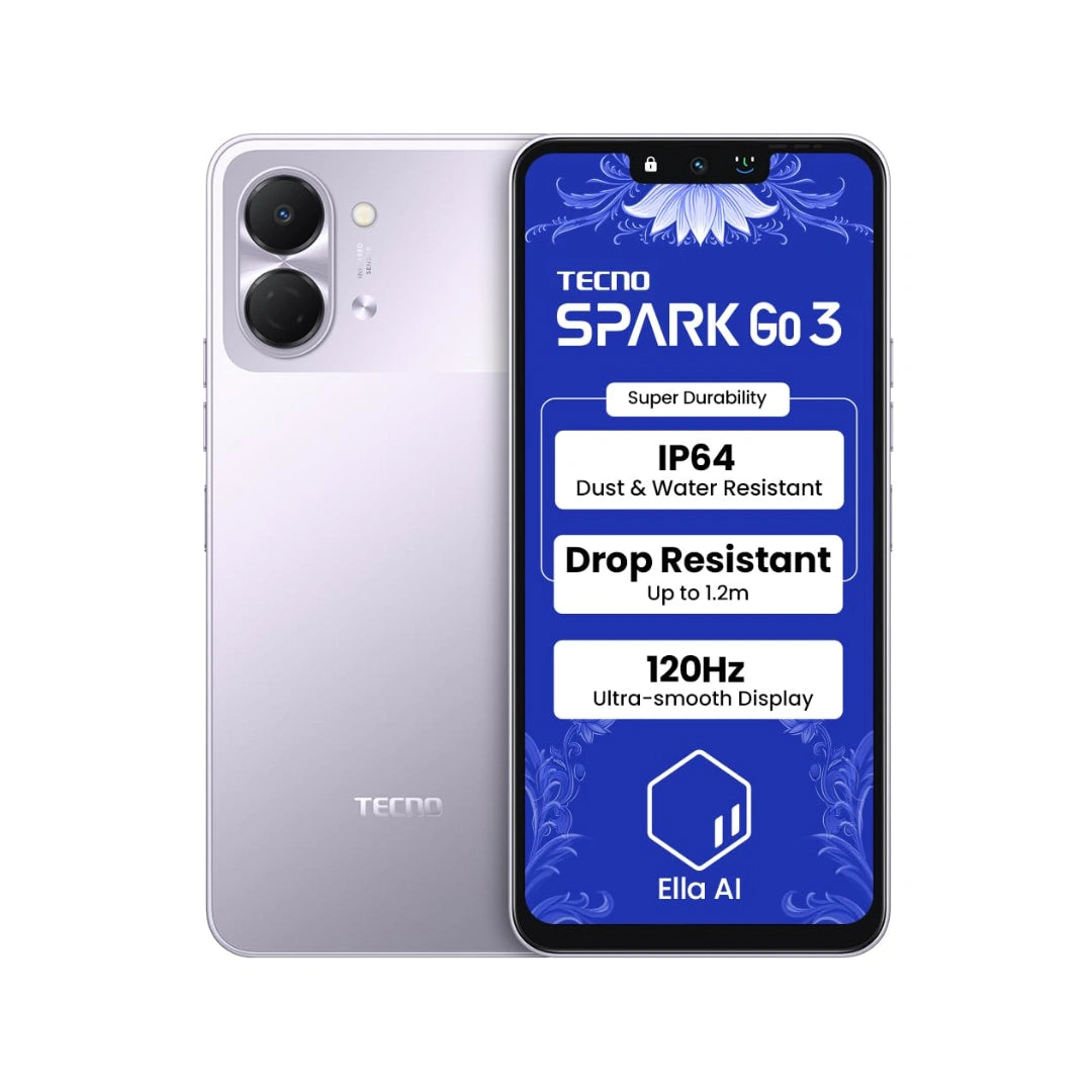 Tecno Spark GO 3 | Super Durability Drop Resistant & IP64 Rated | Make Calls Without Network | Ella Al in Your Own Language | Super Smooth 120Hz 6.74" Display |5000mAh Battery