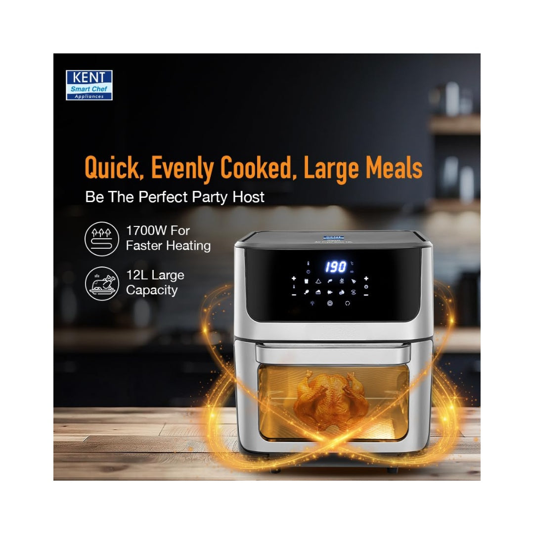 KENT Digital Air Fryer Oven 12L | 10 Preset Menus Bake, Grill & Roast | Digital Display & Touch Control Panel | Dehydration & Rotisserie Function