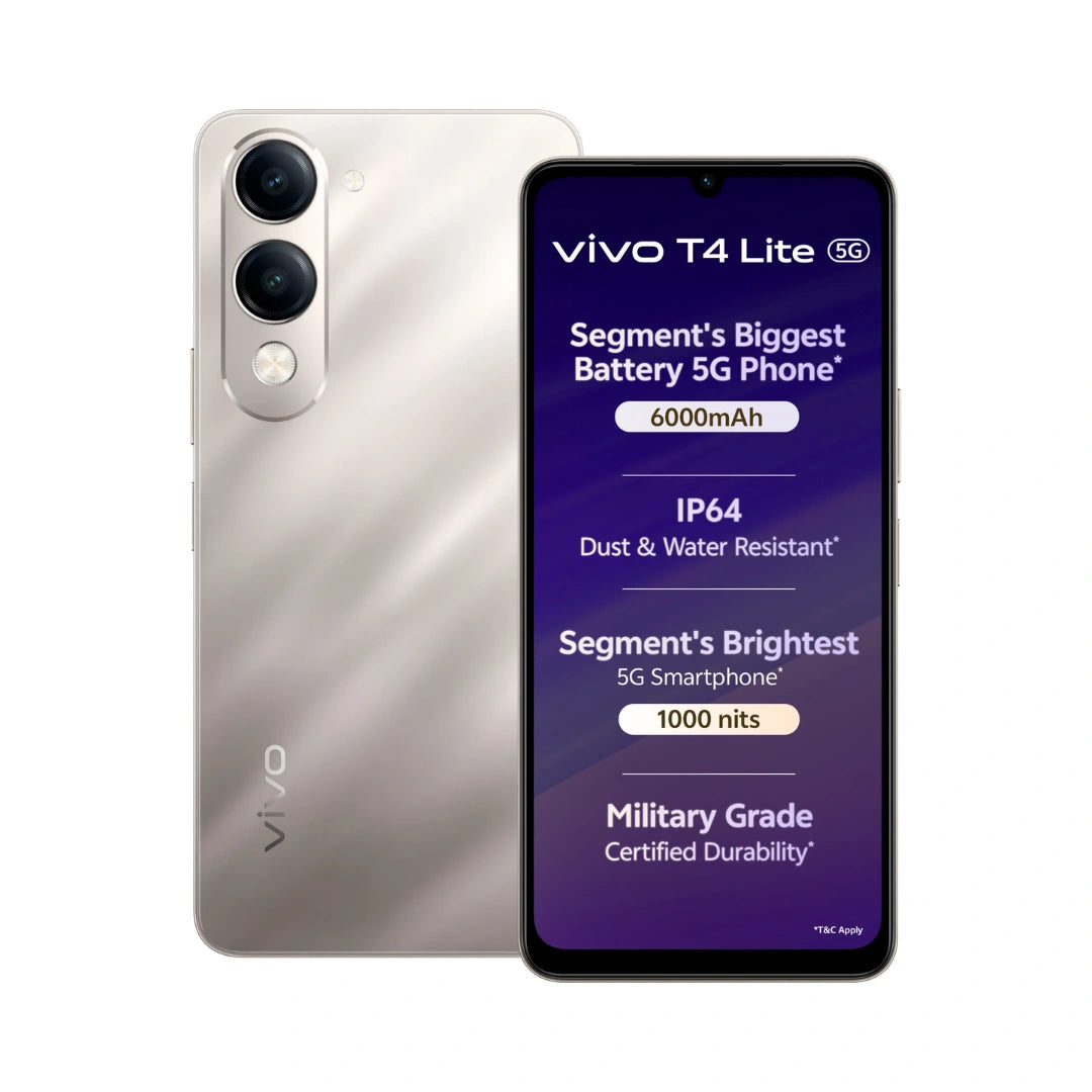 Vivo T4 Lite 5G | 6.74'' HD+ 90Hz LCD | MediaTek Dimensity 6300 | 50MP Dual AI Camera | 5MP Front Camera | Android 14 | 6000mAh Battery | IP64 Dust & Water Resistance