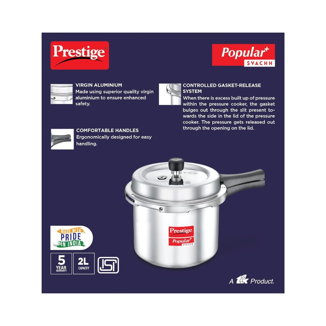 ‎ Prestige 2LTR POP PLUS ALU OUTER SVACHH LID Outer Lid Pressure Cooker | Deep Lid- Controls Spillage | Metallic Safety Plug | Controlled Gasket-release System | Highest Safety- ISI Certified