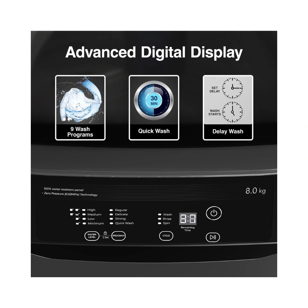 Godrej 8 Kg 5 Star Fully Automatic Top Load Washing Machine | Zero Pressure Technology | 670 RPM | 9 Wash Programs | Advanced Digital Display