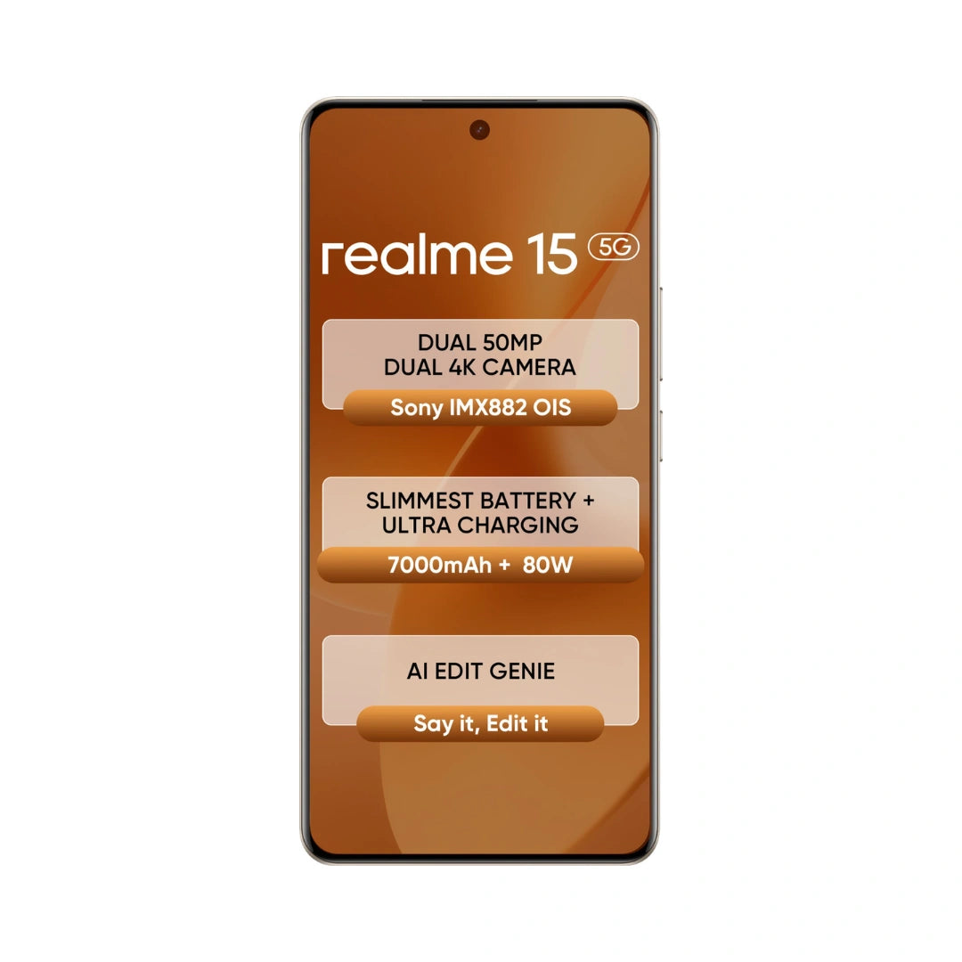 Realme 15 | OLED Display | Dimensitry 7300 | 50MP Rear Camera | 50MP Front Camera | 7000 mAH Battery |