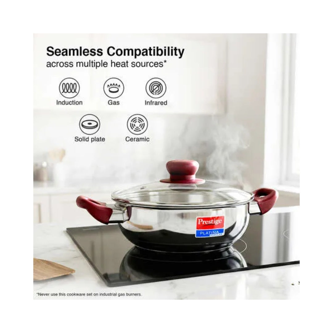 Prestige Platina Popular Stainless Steel 3PCS BYK Set Cookware | Toughened glass lid | Stainless Steel Cookware range |  Soft touch heat resistant Red handles | Unique Forged Bottom ensures faster and even cooking