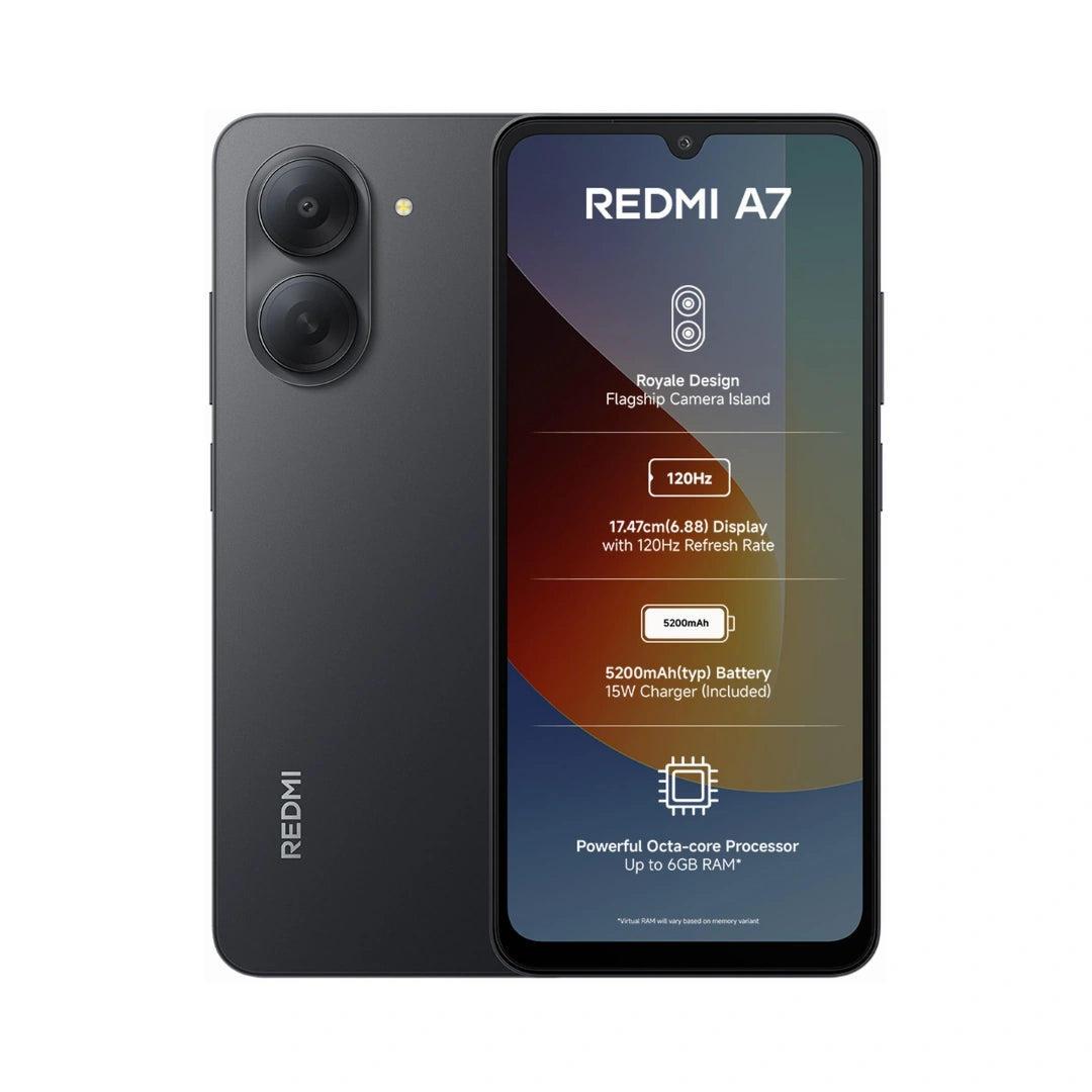 Redmi A7 | 6.88 inches 120Hz Display | Unisoc T7250 Chipset | 13MP Rear Camera | 8MP Front Camera | 5200mAh Battery | Dual Sim Supported