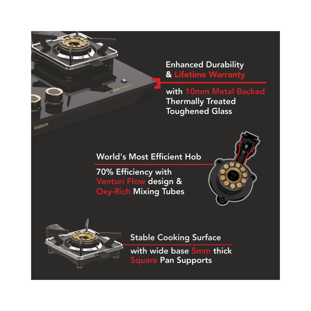 VIDIEM VOGUE 4B HOB Gas Cooktop | World's First Fully Removable Burner Assembly| 10MM Toughened Glass | Hexa Flame Forged Brass Burners | Manual Ignition