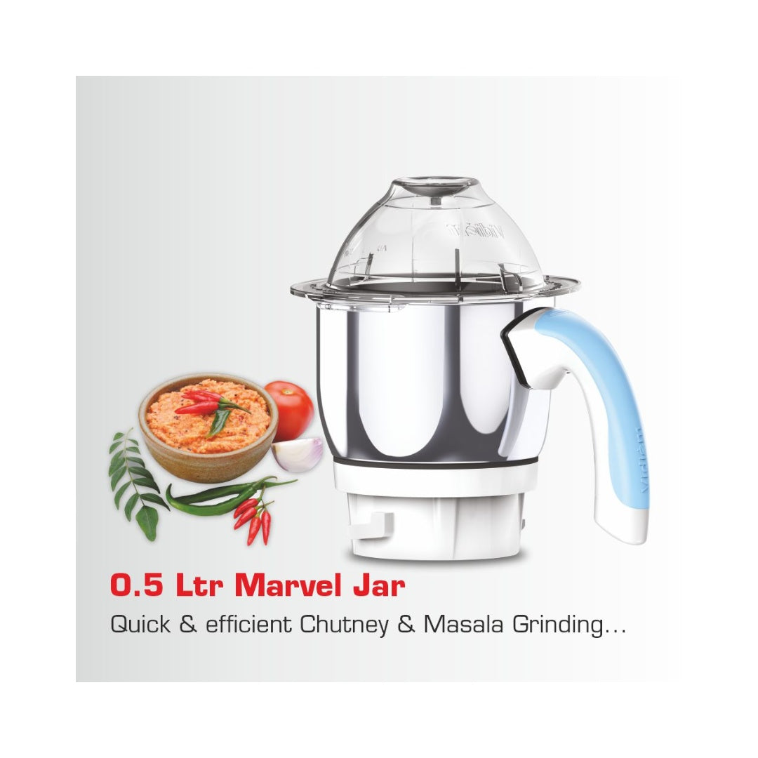 Vidiem Eva Super Blu 750W Mixer Grinder | Balanced Vortex Flow SS 304 Blades | Powerful 750W Aria Cool Tec Motor | Quadra Flow Technology | Self-Locking Jars with Secure Mating
