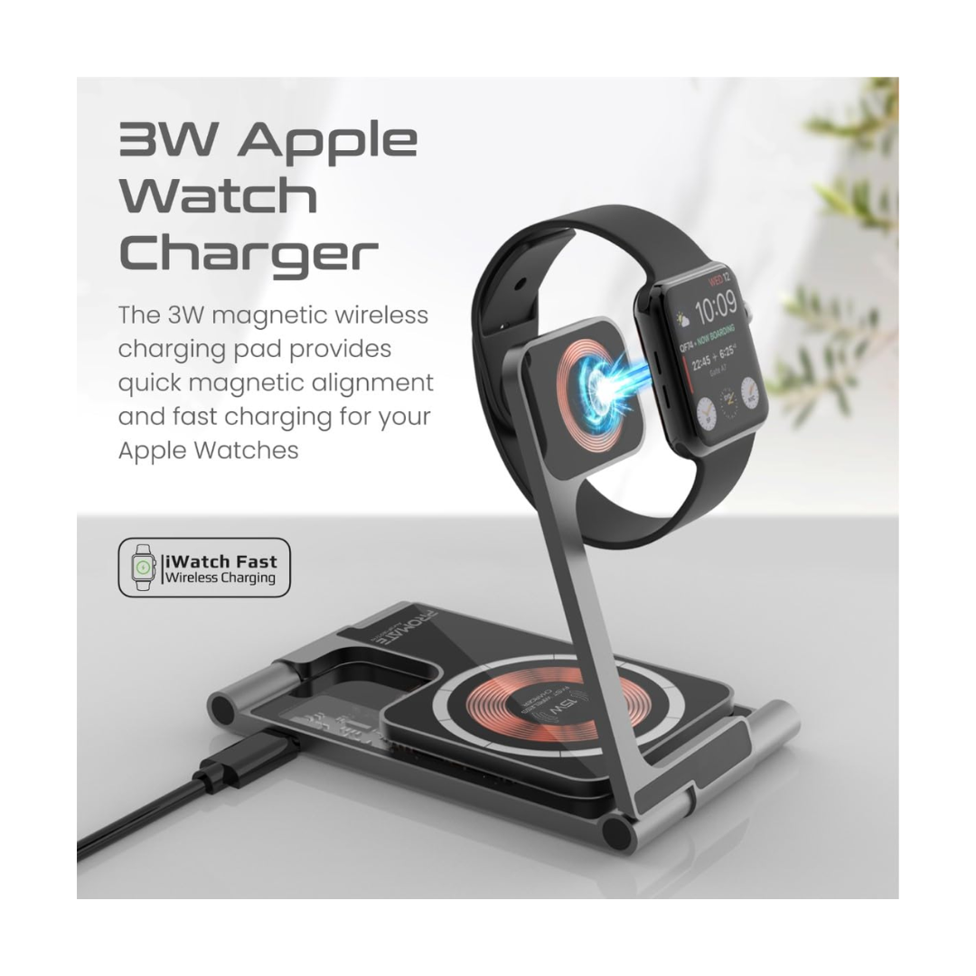 Promate AuraFold-Trio 15W - Wireless Charger - 3W Apple Watch Charger