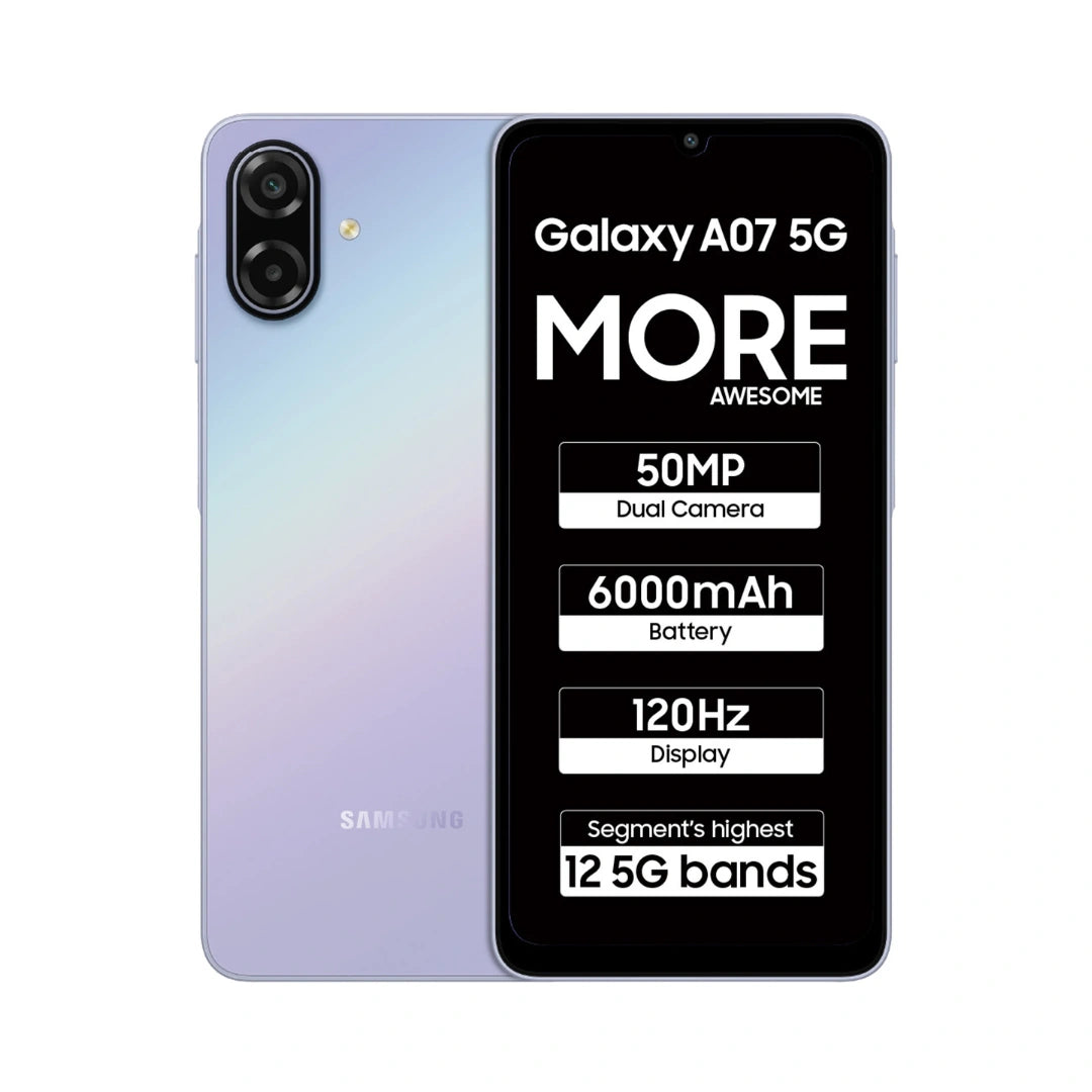Samsung A07 5G | 6.7 inches LCD Display | 120Hz Refresh Rate | MediaTek Dimensity 6300 | 50MP Main Camera | 8MP Front Camera | 6000mAh Battery