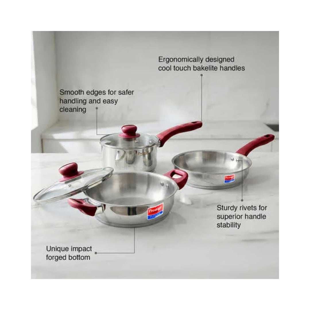 Prestige Platina Popular Stainless Steel 3PCS BYK Set Cookware | Toughened glass lid | Stainless Steel Cookware range |  Soft touch heat resistant Red handles | Unique Forged Bottom ensures faster and even cooking