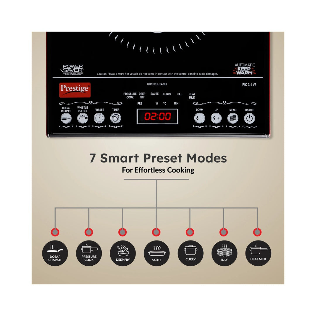 Prestige PIC 3.1 v3 Induction | 2000 Watts Power |  Slim Bodu Elegant Design | Indian Menu Options | Automatic Voltage Regulator | Anti-Magnetic Wall | Automatic Whistle Count
