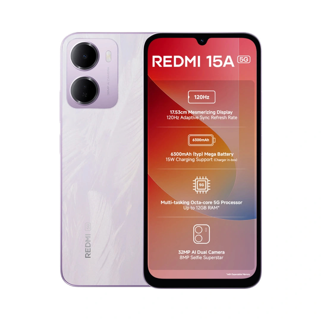 Redmi 15A 5G | 6.9 inches IPS LCD 120Hz Display | Octa-core T8300 5G SOC | 32MP Main Camera | 8MP Front Camera | 6300mAh Battery | IP52 Rating