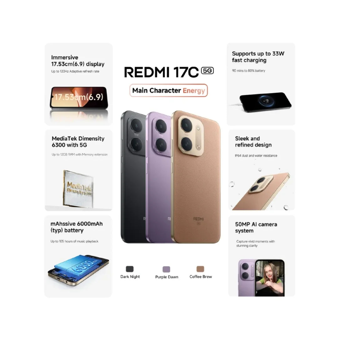 Redmi 17C 5G | 6.9 inch Display | Xiaomi HyperOS 3 | MediaTek Dimensity 6300 | 50MP Rear Camera | 8MP Front Camera | 6000mAh Battery | 33W Fast Charging