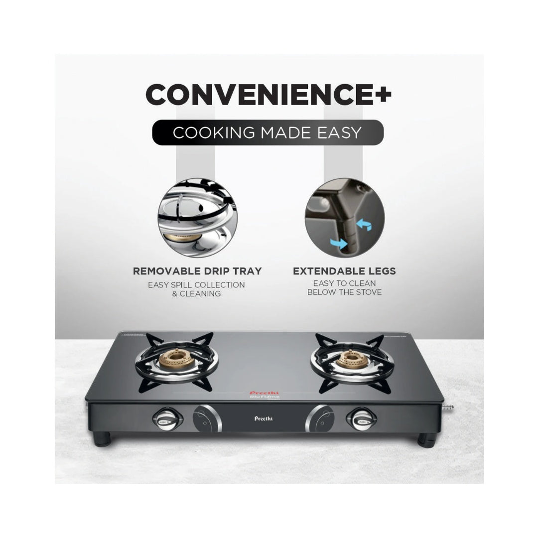 Preethi Blu Flame Gleam Glass Top 2-Burner Manual Gas Stove