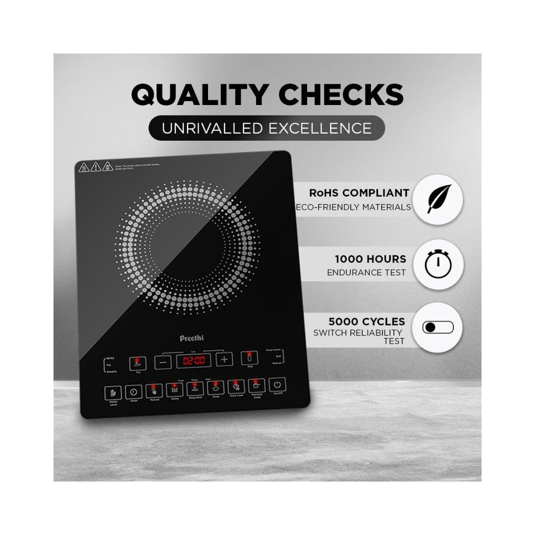 Preethi Indicook IC125 2100-Watt Induction | Sustains high voltage variation | 11 Pre-set Menus | Feather Touch Operation | Clean & Polished Crystal Glass | Customized menu & temperature selection