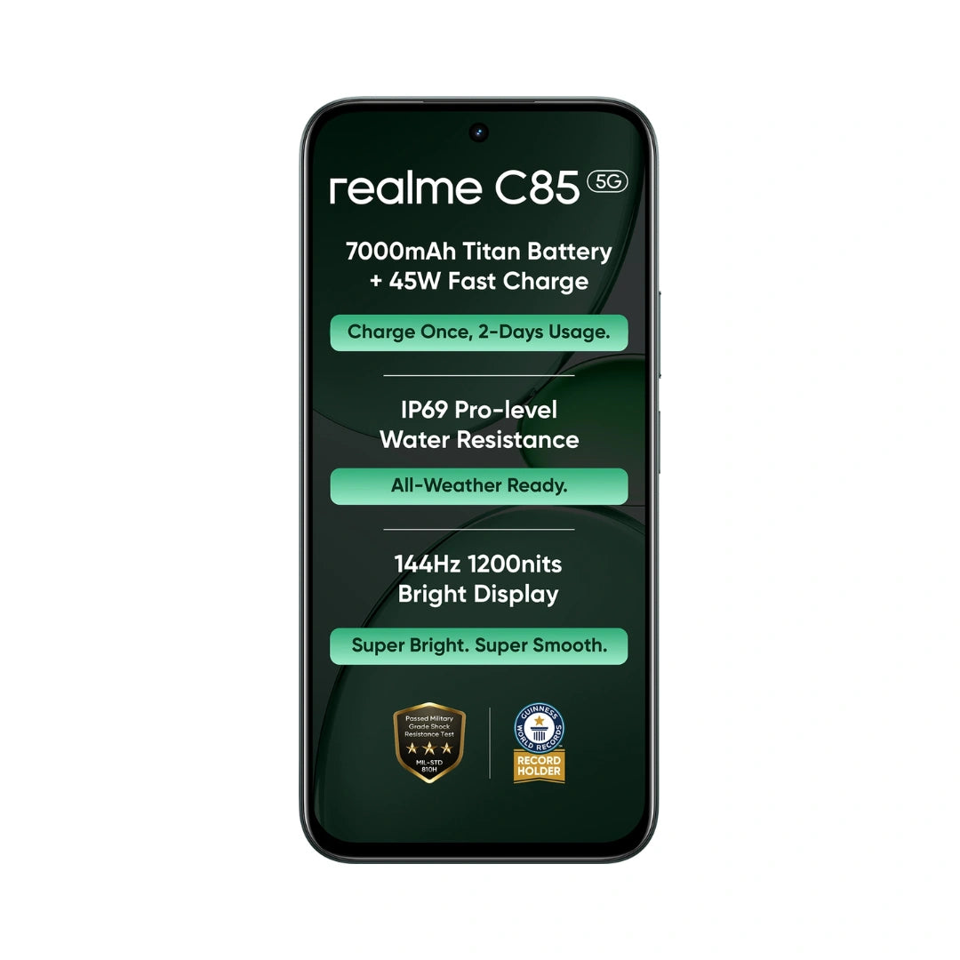 Realme C85 5G | 6.8 inches Display | Mediatek Dimensity 6300 | 50MP Rear Camera | 8MP Front Camera |  7000 mAh Battery