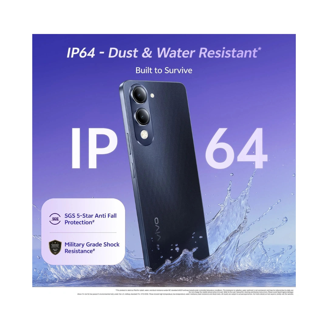 Vivo T4 Lite 5G | 6.74'' HD+ 90Hz LCD | MediaTek Dimensity 6300 | 50MP Dual AI Camera | 5MP Front Camera | Android 14 | 6000mAh Battery | IP64 Dust & Water Resistance