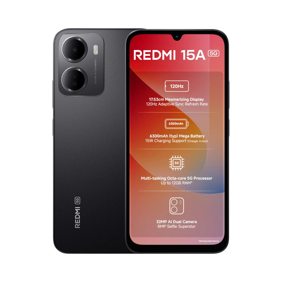 Redmi 15A 5G | 6.9 inches IPS LCD 120Hz Display | Octa-core T8300 5G SOC | 32MP Main Camera | 8MP Front Camera | 6300mAh Battery | IP52 Rating