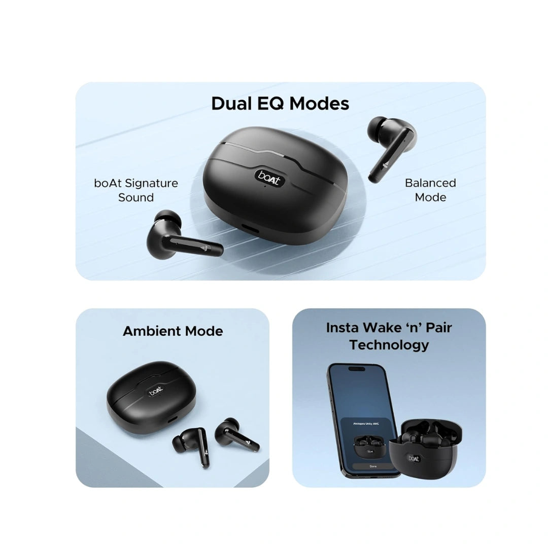 boAt Airdopes Unity ANC TWS in Ear Earbuds with Up to 50 Hours Total Playback, ANC Upto 32 dB, Dual Mics with ENx Tech, IPX5 Rating, IWP Tech and ASAP Charge(