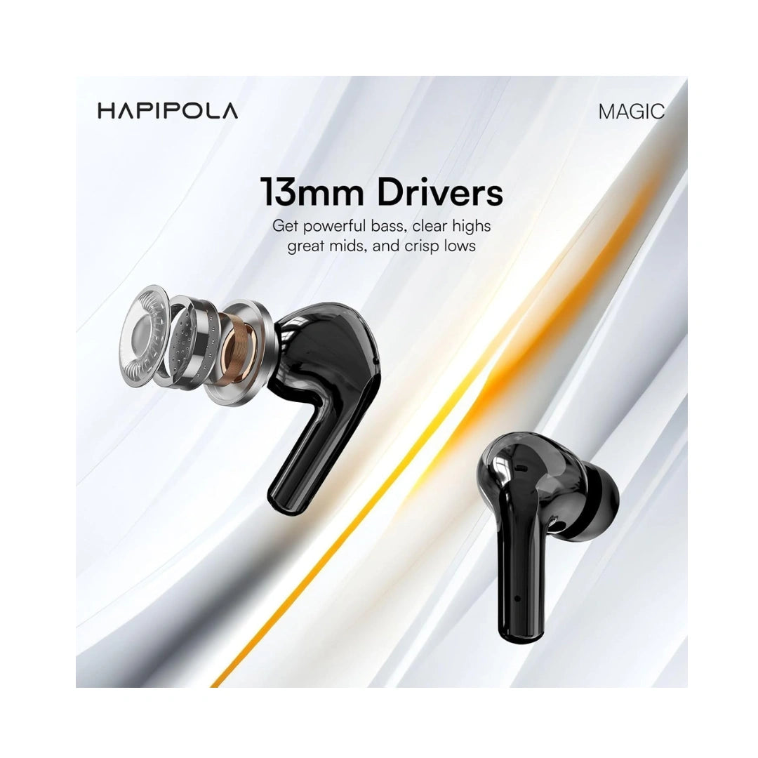 HAPIPOLA Magic TWS Ear Buds, Wireless Earphones, Immersive Audio | Ai-ENC | Bluetooth v5.2 13mm Driver | Stand-by 23 Hours Playback | Touch Control Type C Interface