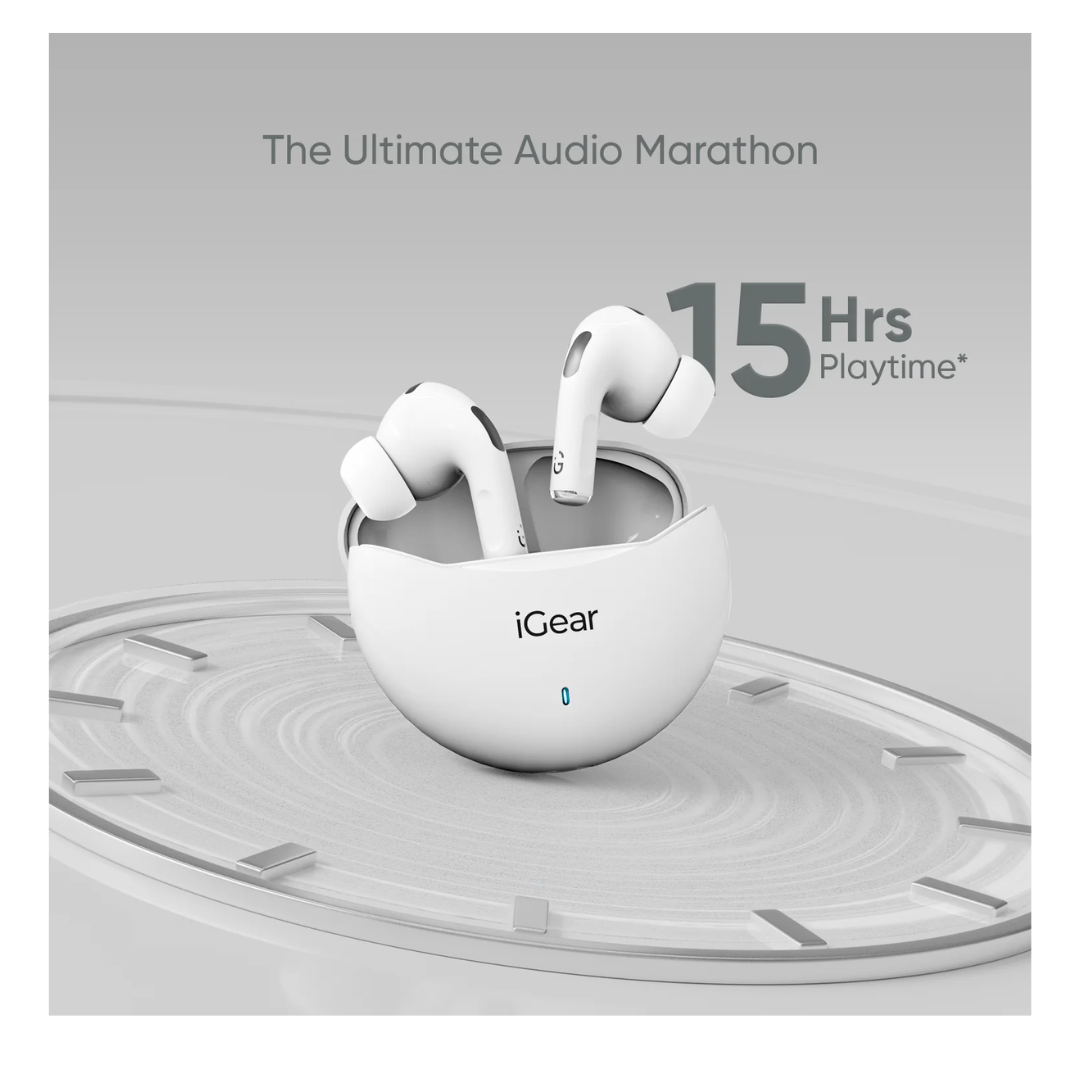 iGear Gemz Wireless Earbuds: 15 Hours Playtime, HiFi Bass, Instant Pairing, Touch Controls, Voice Assistance white clour