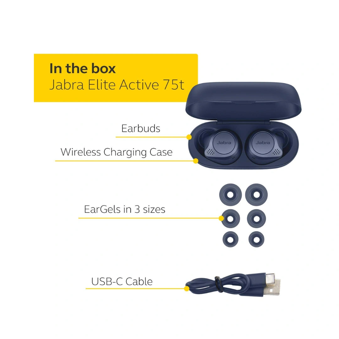 Jabra Elite Active 75t Bluetooth Truly Wireless In Ear Earbuds with Mic- Active Noise Cancelling Sports with Long Battery Life Sports for Calls and Music - Navy