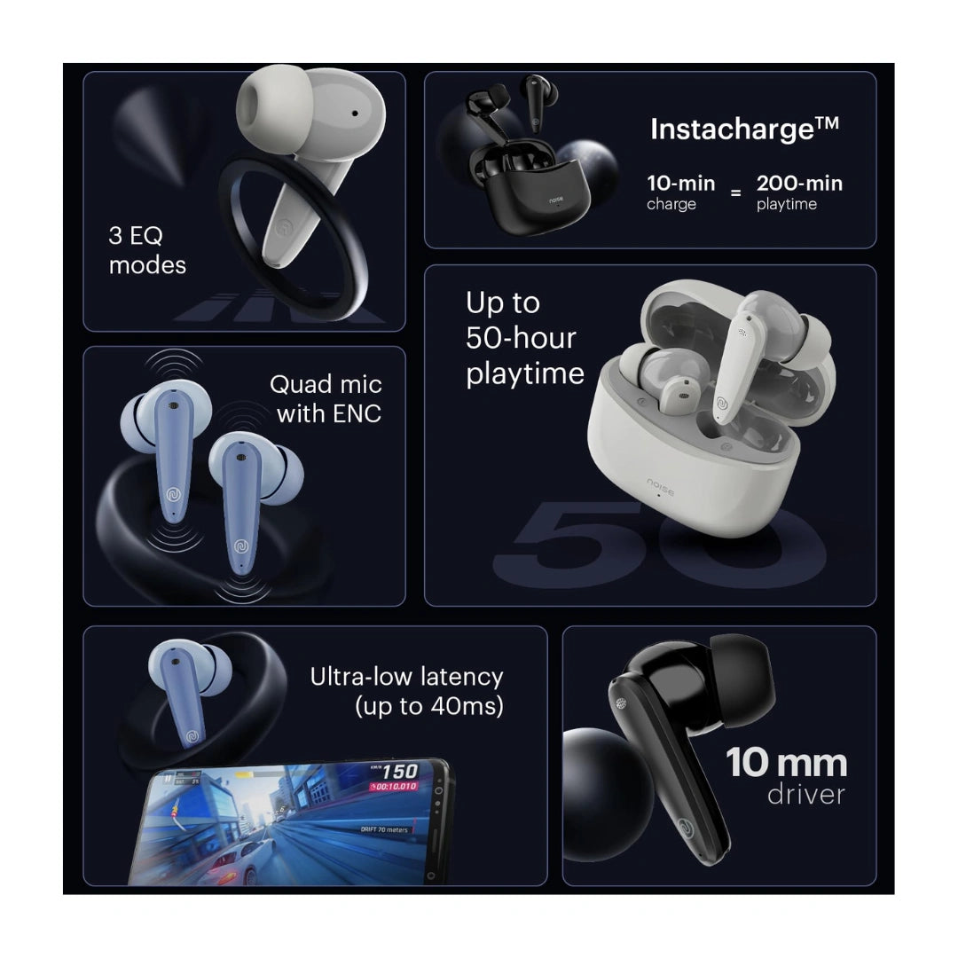 Noise Buds VS106 Truly Wireless in Ear Earbuds with 50H Playtime, Quad Mic with ENC, Instacharge(10 Min=200 Min),Ultra-Low Latency(Up to 40Ms), 10Mm Driver, and BT V5.3