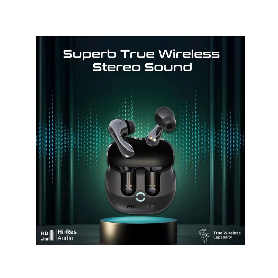 Promate Baton True Wireless Earbuds with Active and Environmental Noise Cancellation, Bluetooth 5.4, Low Latency Game Mode, 4 Mics for Superior Sound Quality, Transparency Mode, 40Hrs Playtime
