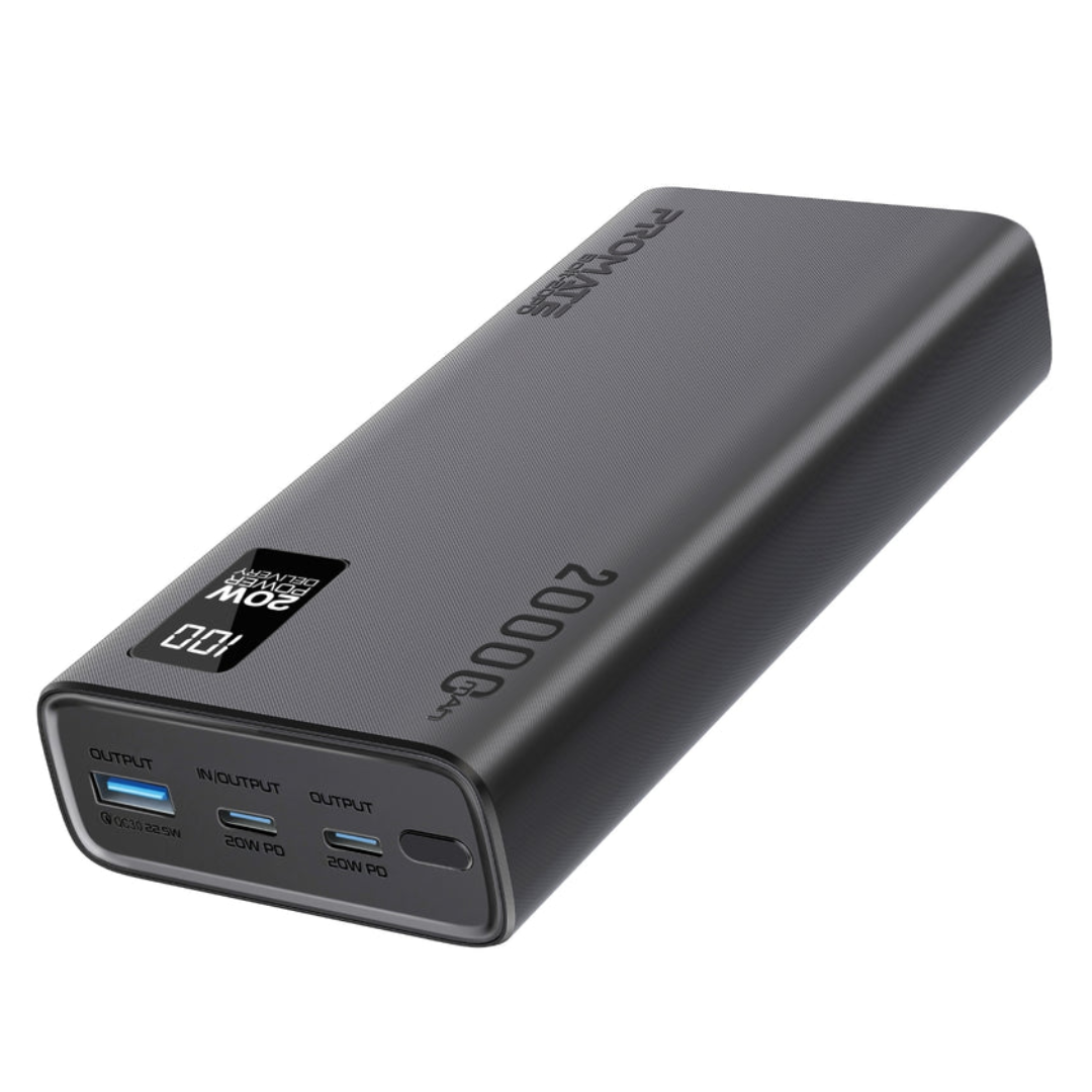 Promate Power Bank 20000mAh | Ultra-Slim Portable Charger, 20W Type-C Input/Output Port, 22.5 QC 3.0, LCD & Over-Heating Protection, Fast Charging for iPhone, Android, Bolt-20PD