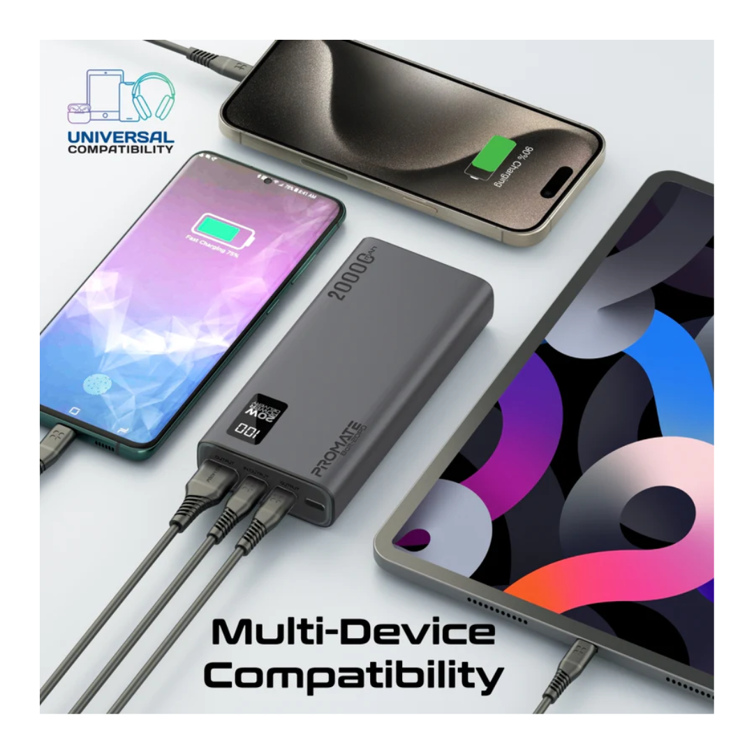 Promate Power Bank 20000mAh - Multi Device Compatibility 