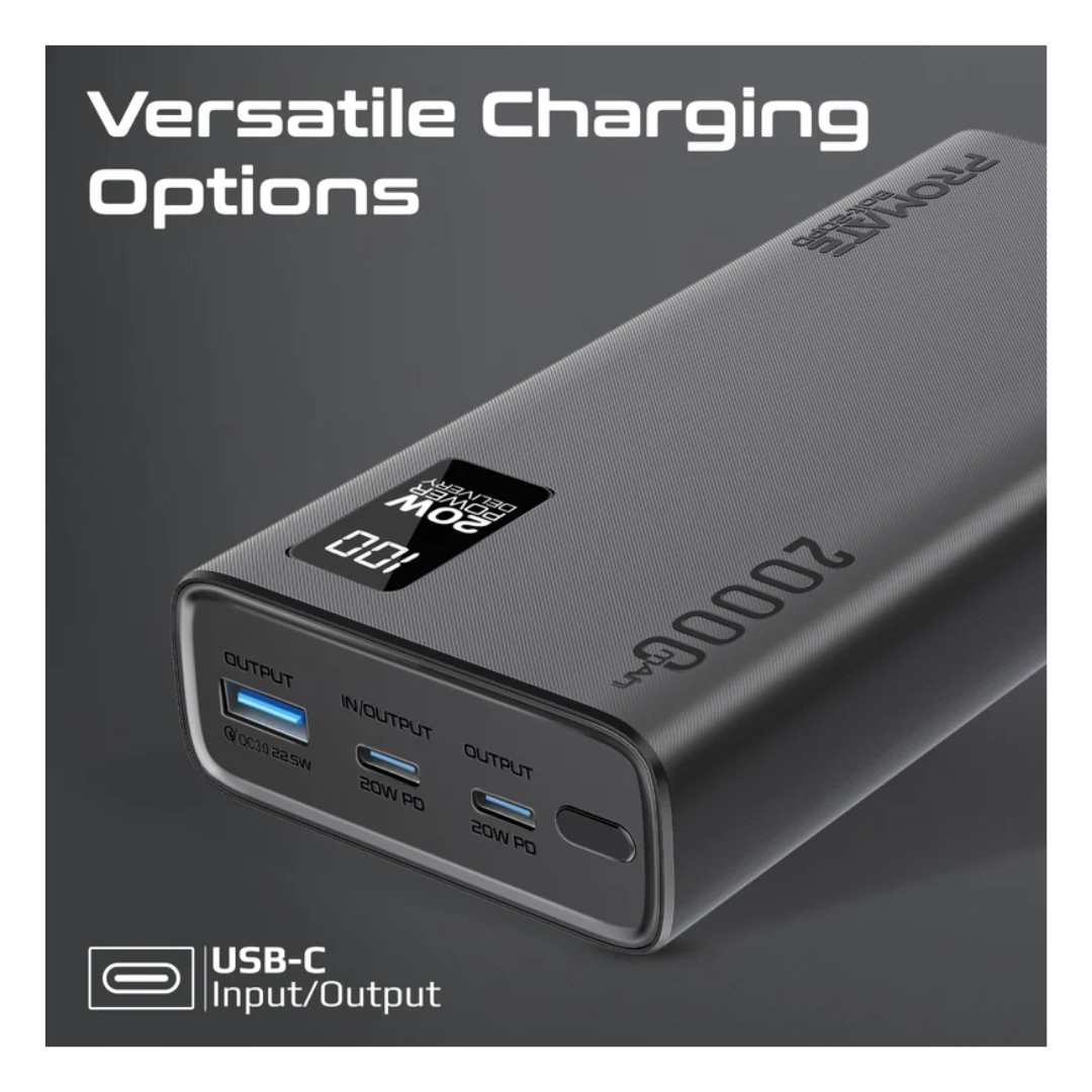 Promate Power Bank 20000mAh - Versatile  charging Options 