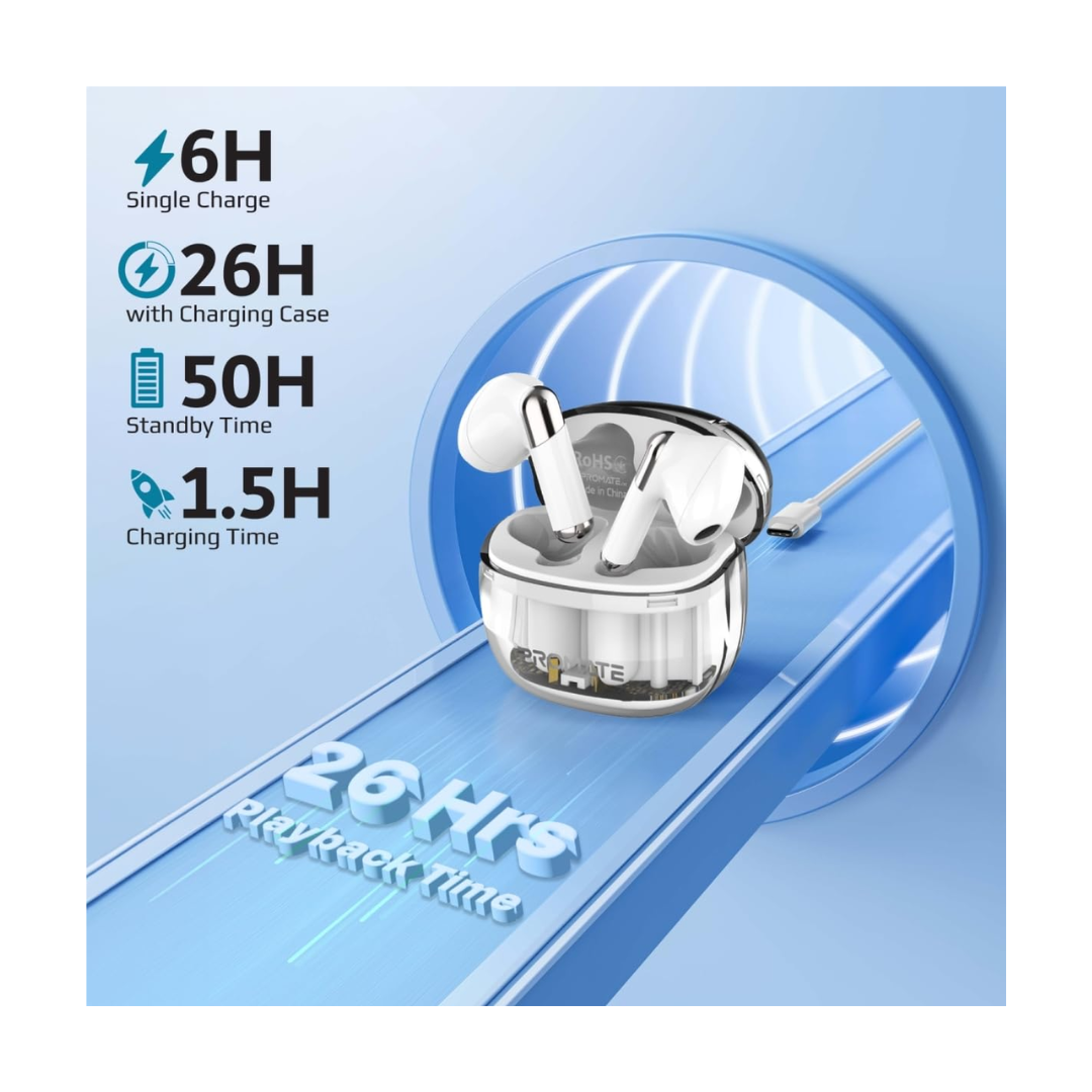 Promate TransPods Earbuds - 26 Hours Playback Time 