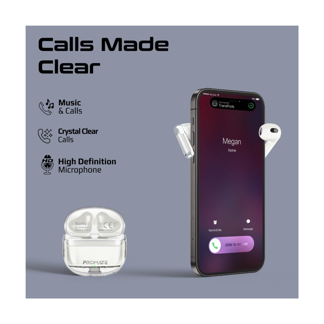 Promate TransPods Earbuds - Crystal Clear Calls 
