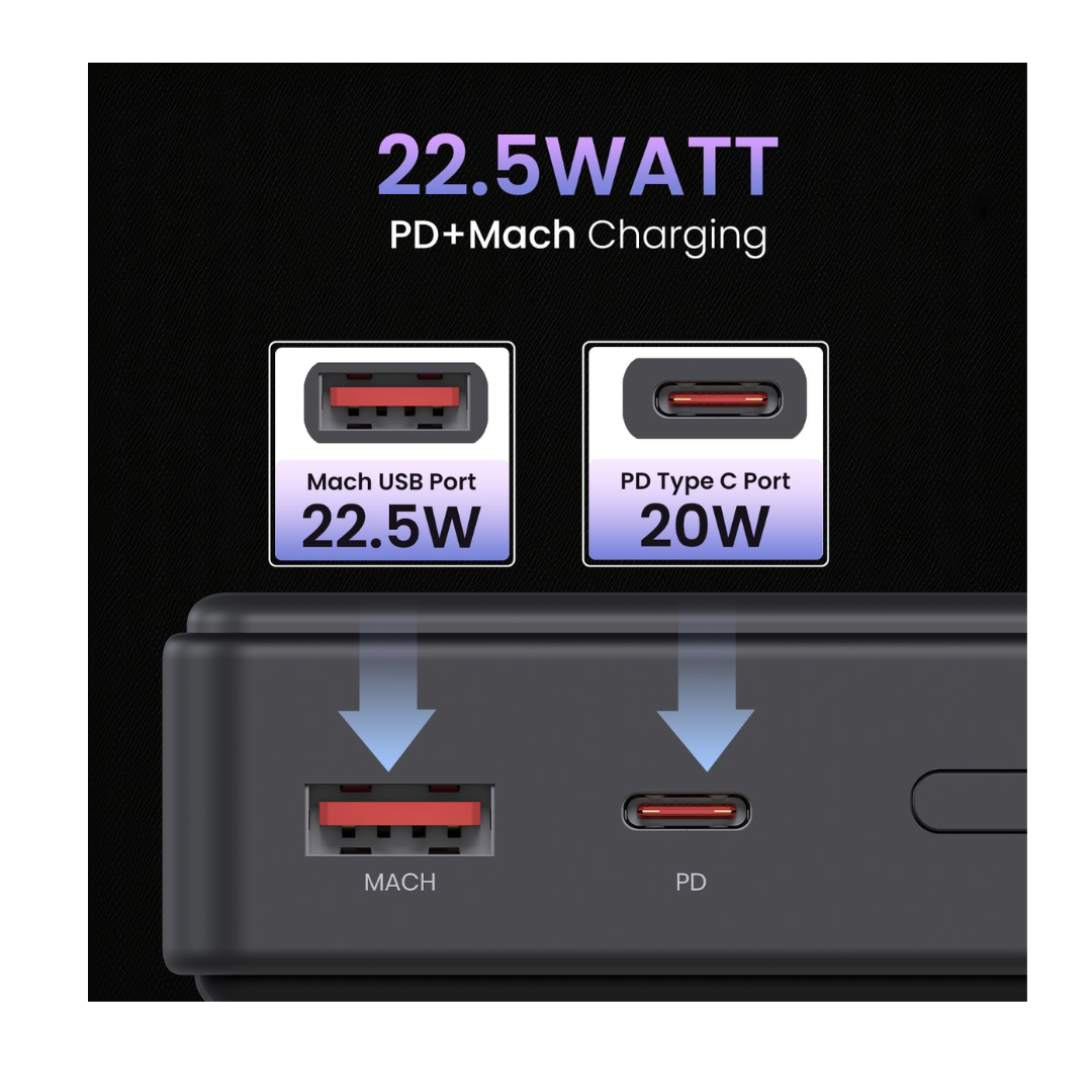 Portronics Luxcell Mini 10K Advanced 10000 mAh Nano Power Bank with 22.5W Max Output, LED Indicator, Mach USB-A Output, Type C PD Output, Type C Input, Wake Up Button(Black)