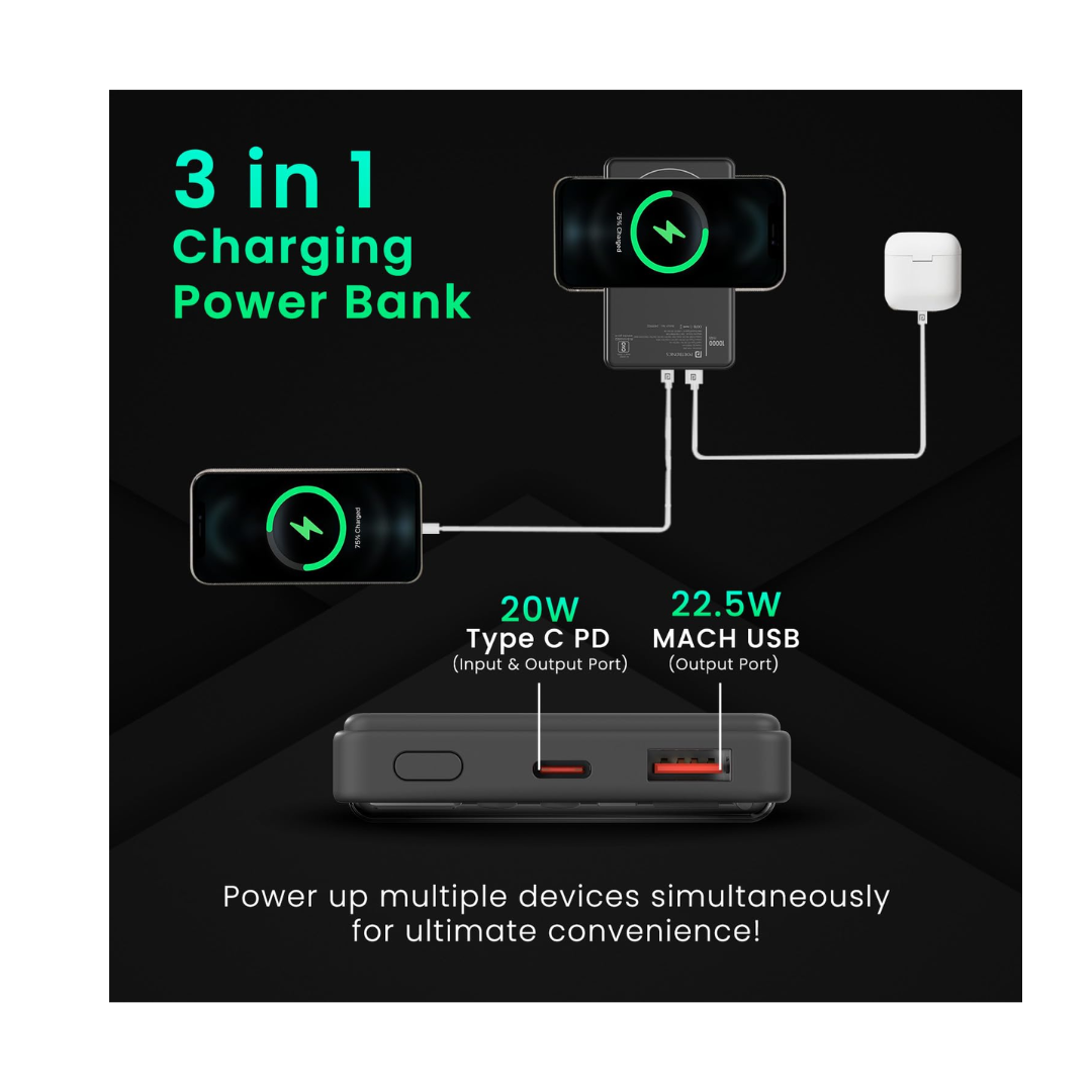 Portronics Luxcell Mini 10K Advanced 10000 mAh Nano Power Bank with 22.5W Max Output, LED Indicator, Mach USB-A Output, Type C PD Output, Type C Input, Wake Up Button(Black)